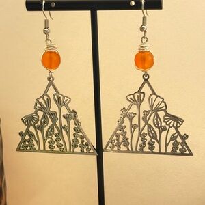 Floral Triangle Silver Earrings with Orange Accents